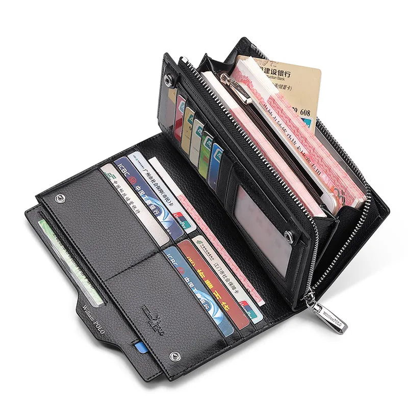 Portefeuille long homme en cuir véritable multifonction avec zip et compartiment téléphone grande capacité — photo 2