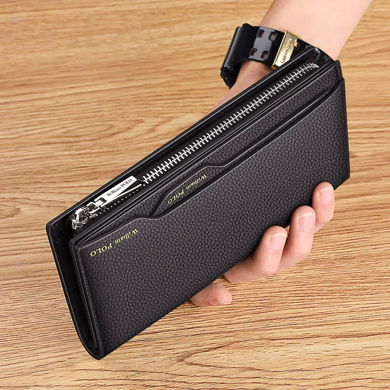 Portefeuille long homme en cuir véritable multifonction avec zip et compartiment téléphone grande capacité — photo 3