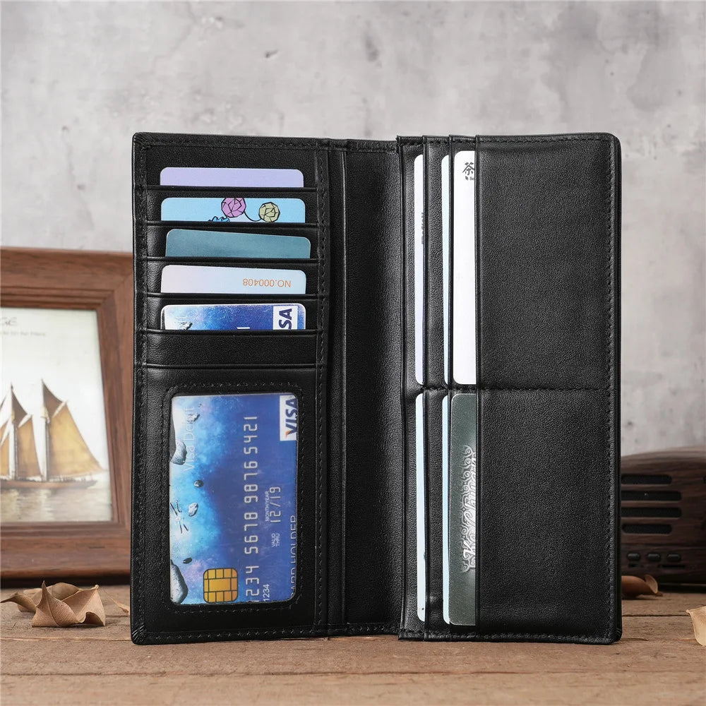 Portefeuille long homme en cuir véritable RFID avec porte-cartes et poche monnaie zippée — photo 1