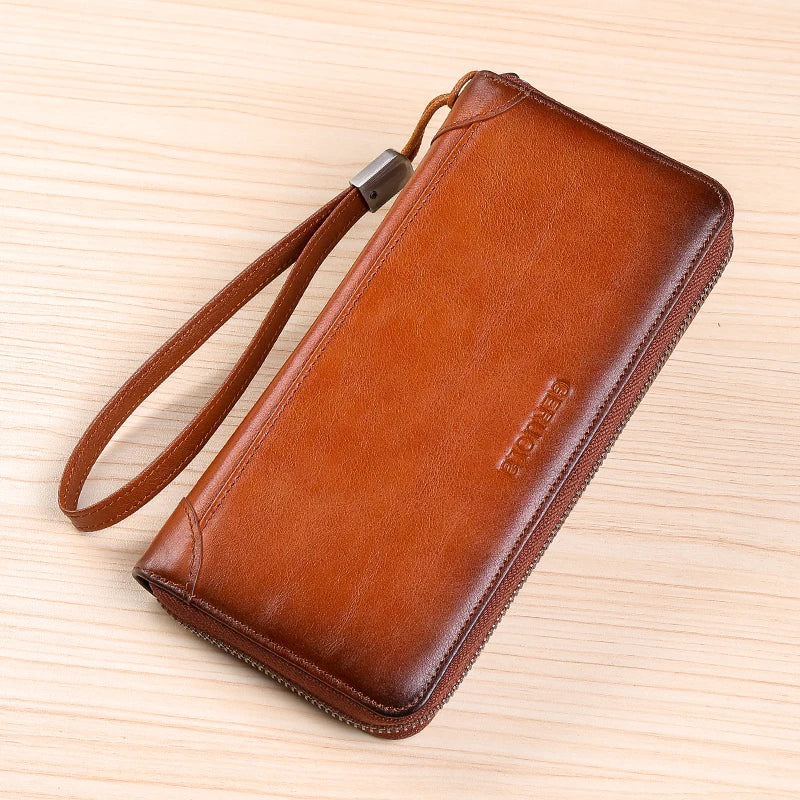 Portefeuille long homme en cuir véritable avec zip, grande capacité et protection RFID — photo 1