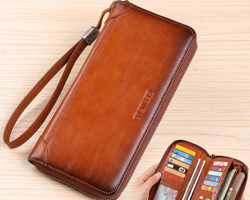 Portefeuille long homme en cuir véritable avec zip, grande capacité et protection RFID — photo 3