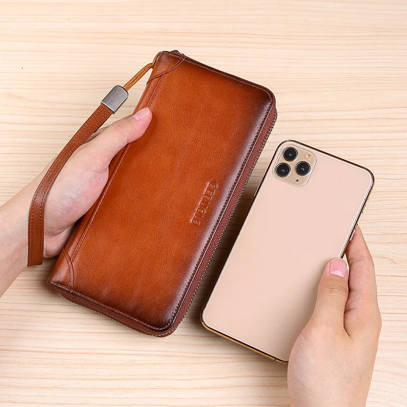 Portefeuille long homme en cuir véritable avec zip, grande capacité et protection RFID — photo 4