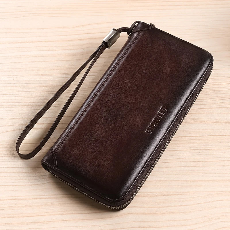 Portefeuille long homme en cuir véritable avec zip, grande capacité et protection RFID — photo 7