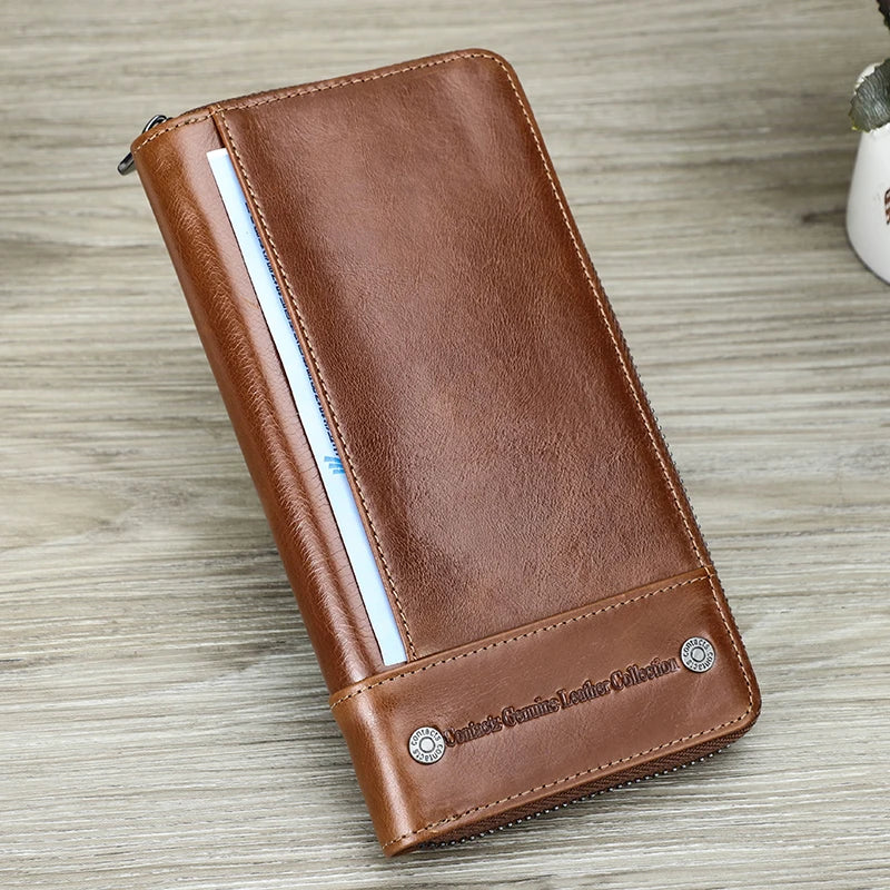 Portefeuille long homme en cuir véritable avec RFID, zip et compartiment téléphone grande capacité — photo 1