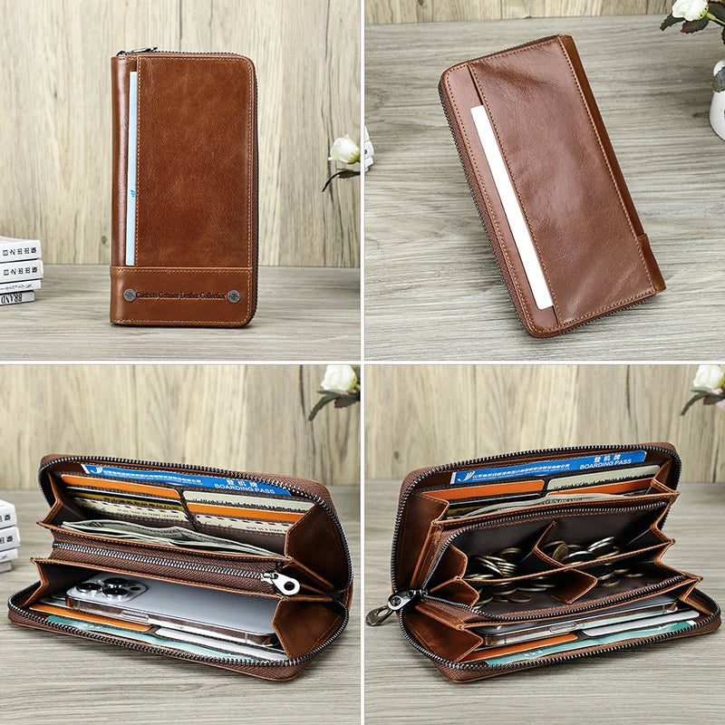 Portefeuille long homme en cuir véritable avec RFID, zip et compartiment téléphone grande capacité — photo 3