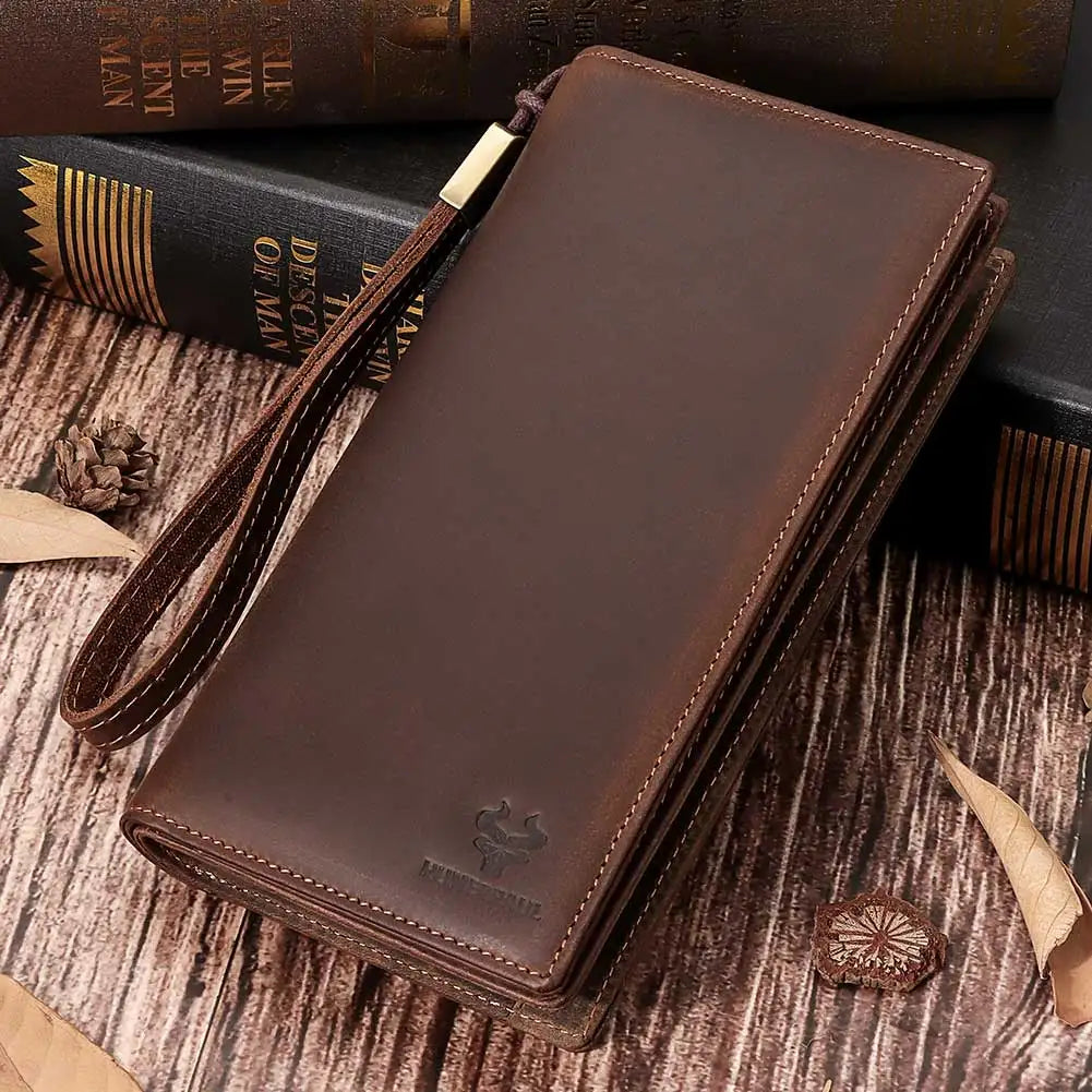Portefeuille long homme en cuir véritable avec RFID, zip et compartiment téléphone — photo 1
