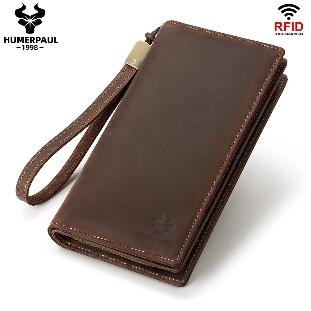 Portefeuille long homme en cuir véritable avec RFID, zip et compartiment téléphone — photo 3