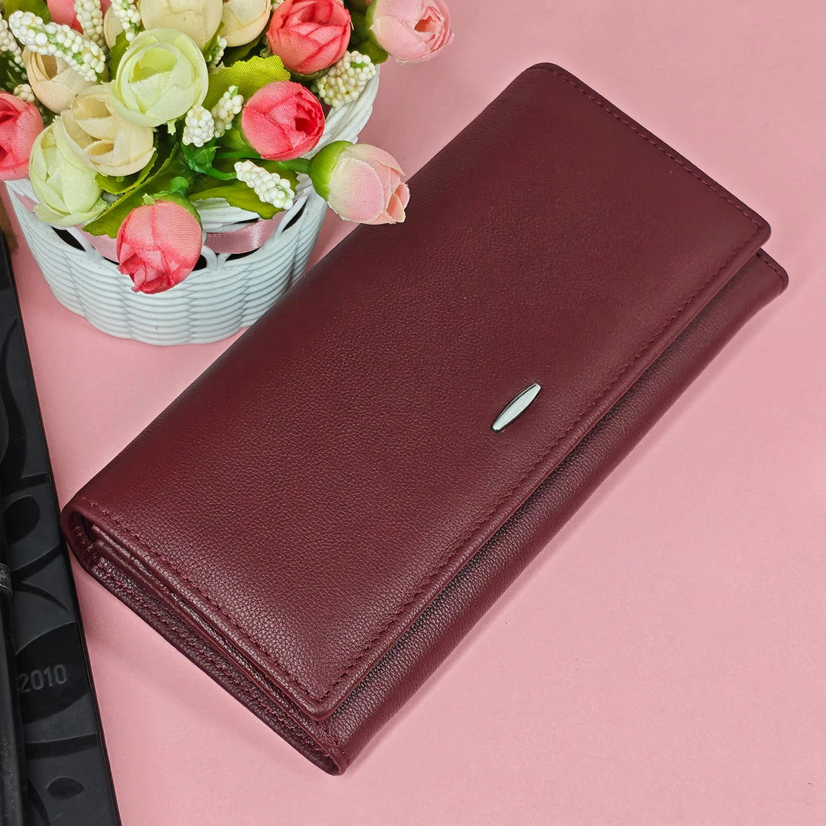 Portefeuille long femme en cuir véritable bordeaux avec zip et grande capacité élégante — photo 1