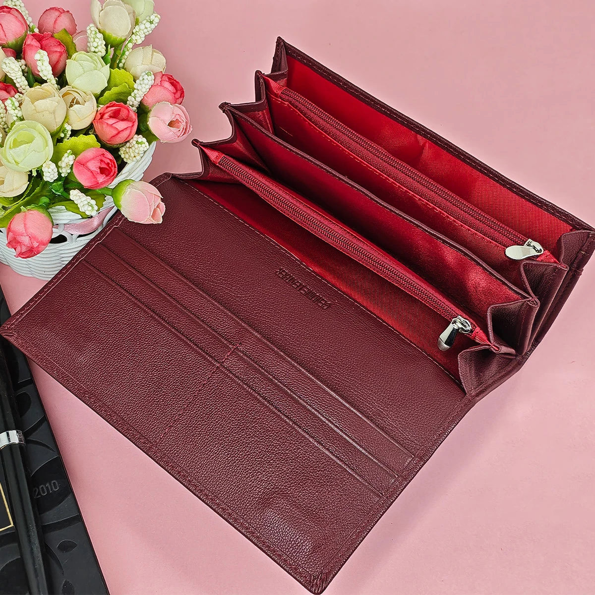 Portefeuille long femme en cuir véritable bordeaux avec zip et grande capacité élégante — photo 2
