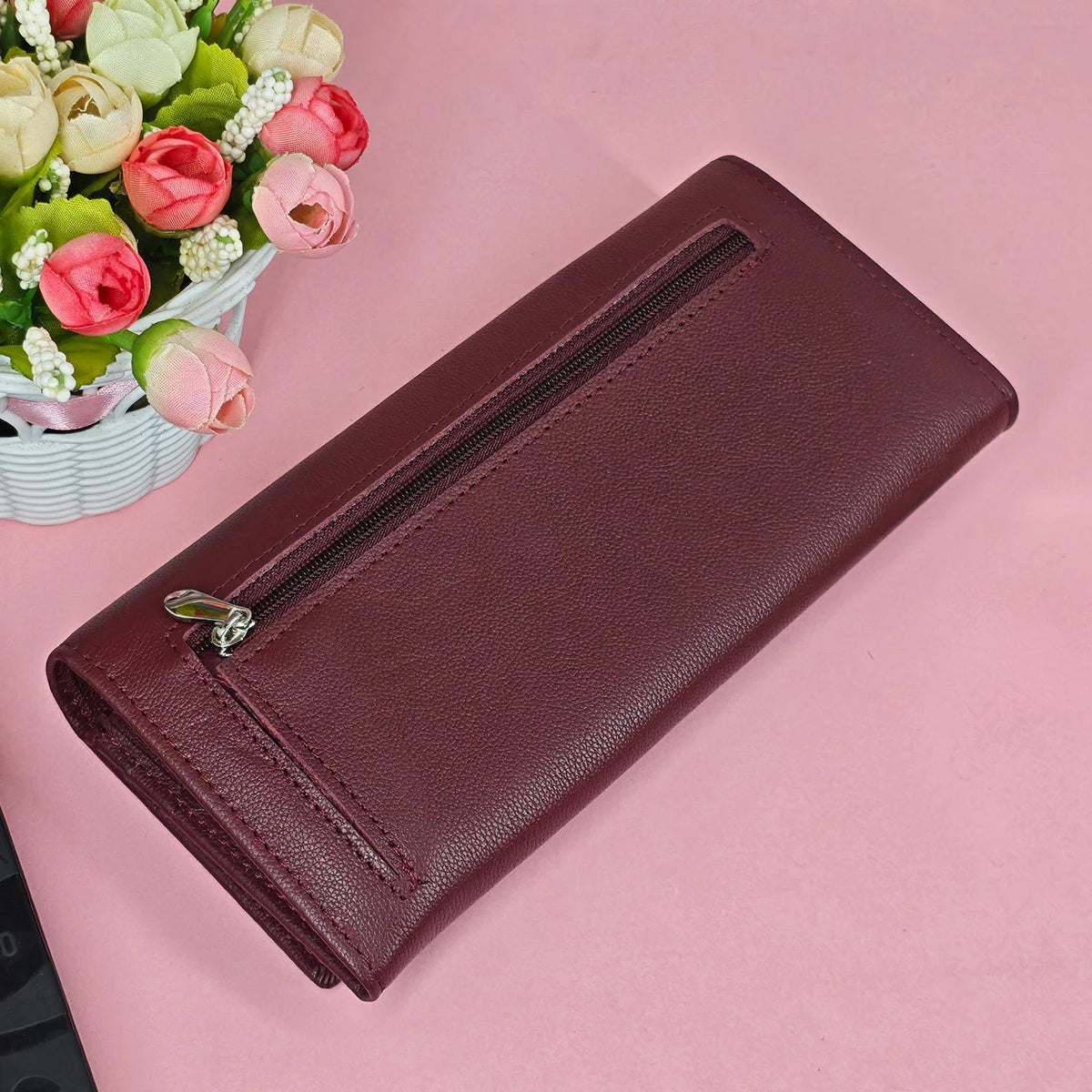 Portefeuille long femme en cuir véritable bordeaux avec zip et grande capacité élégante — photo 3
