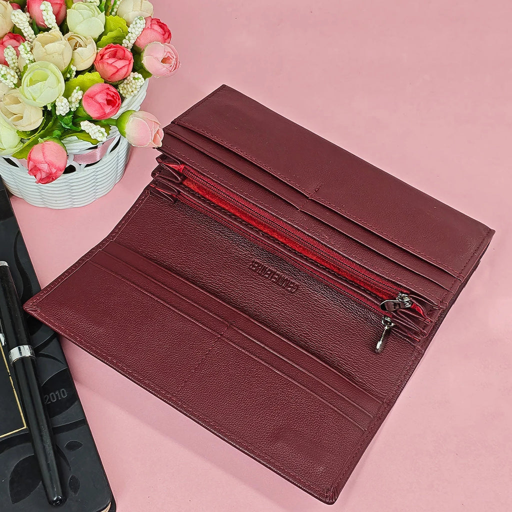 Portefeuille long femme en cuir véritable bordeaux avec zip et grande capacité élégante — photo 4