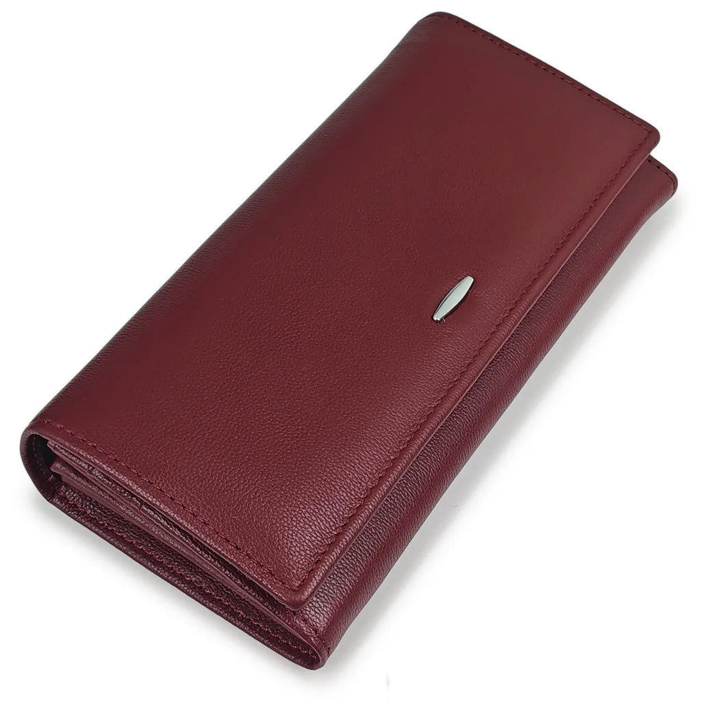 Portefeuille long femme en cuir véritable bordeaux avec zip et grande capacité élégante — photo 5