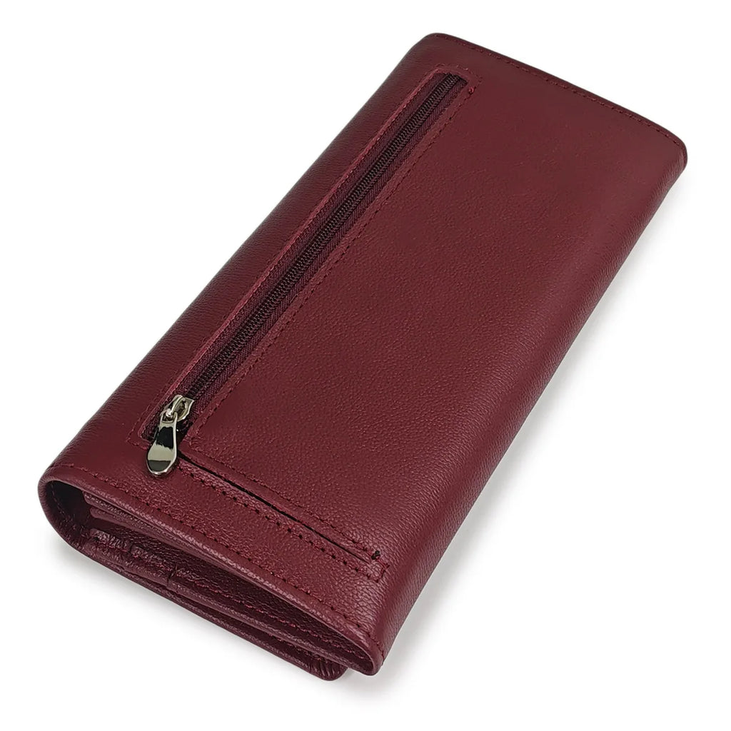 Portefeuille long femme en cuir véritable bordeaux avec zip et grande capacité élégante — photo 6