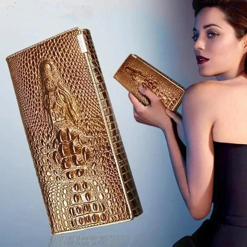 Portefeuille long femme en cuir véritable motif crocodile avec fermeture zippée élégante — photo 1