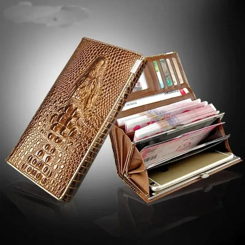 Portefeuille long femme en cuir véritable motif crocodile avec fermeture zippée élégante — photo 3