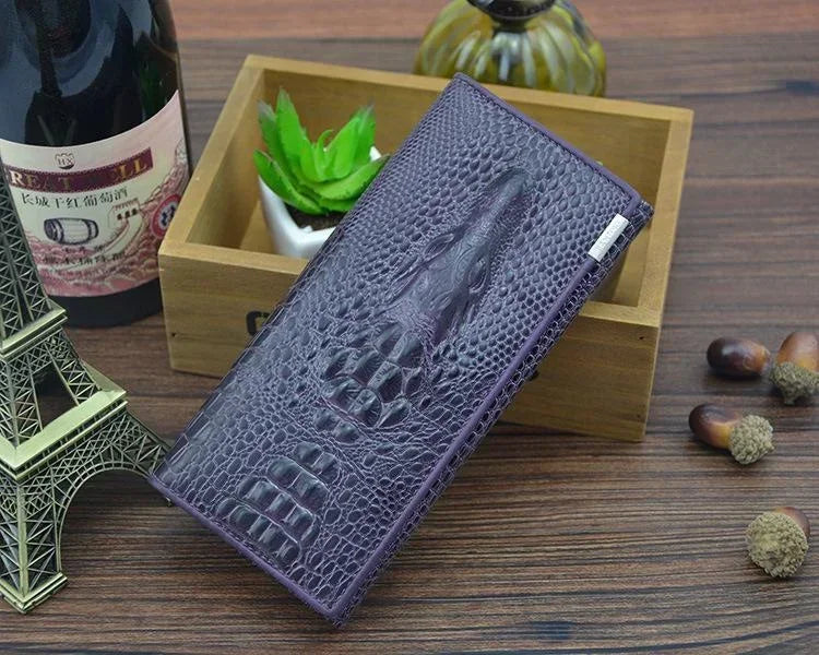 Portefeuille long femme en cuir véritable motif crocodile avec fermeture zippée élégante — photo 8 Image