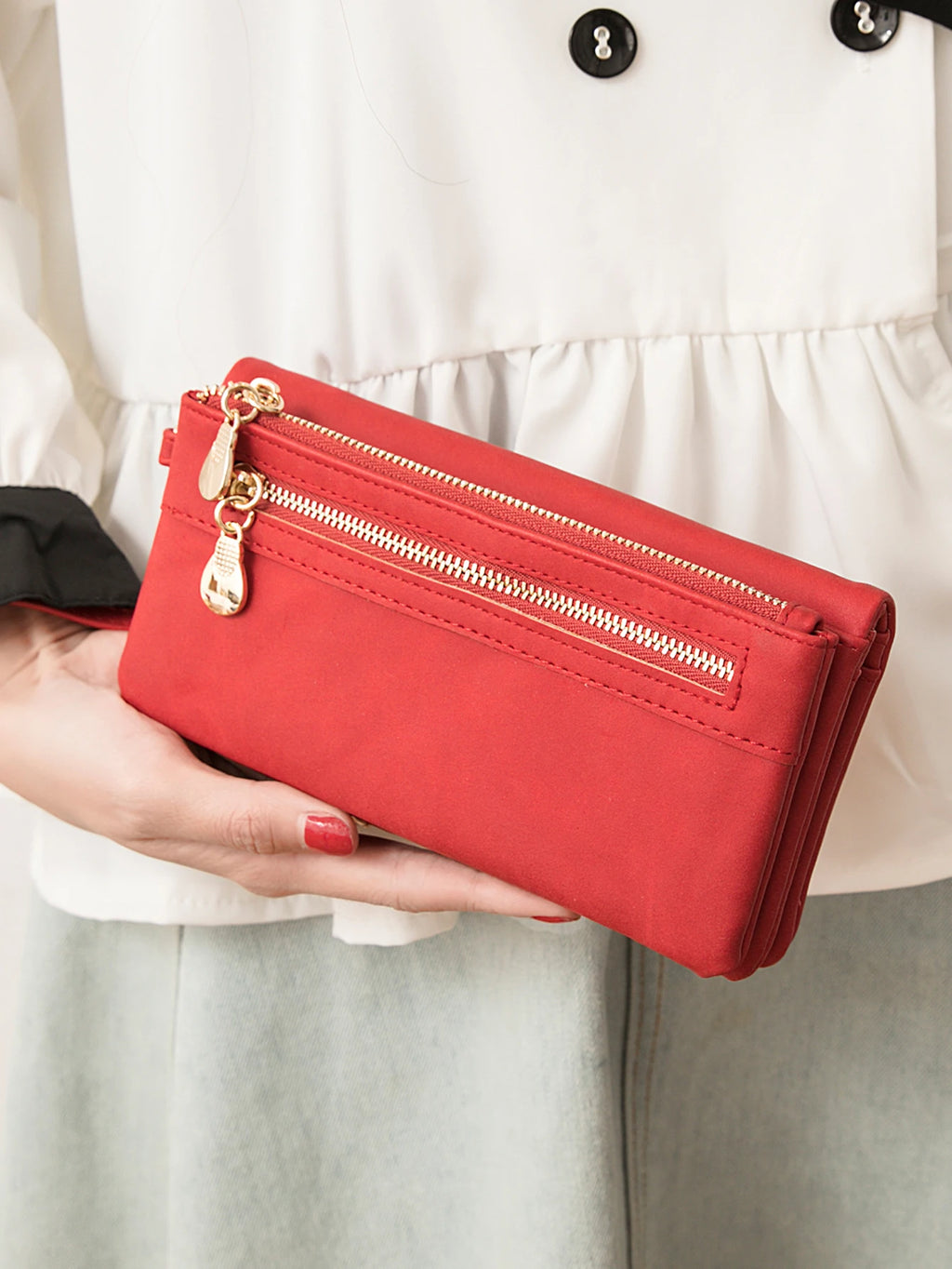 Portefeuille long femme en cuir PU double zip avec grande capacité et dragonne pratique — photo 1