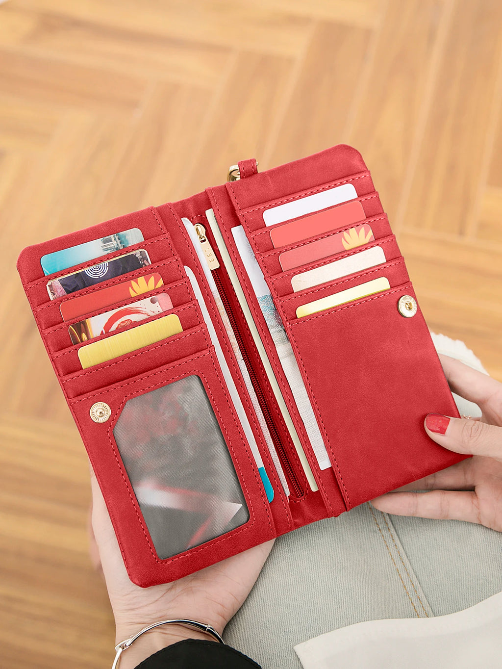 Portefeuille long femme en cuir PU double zip avec grande capacité et dragonne pratique — photo 2