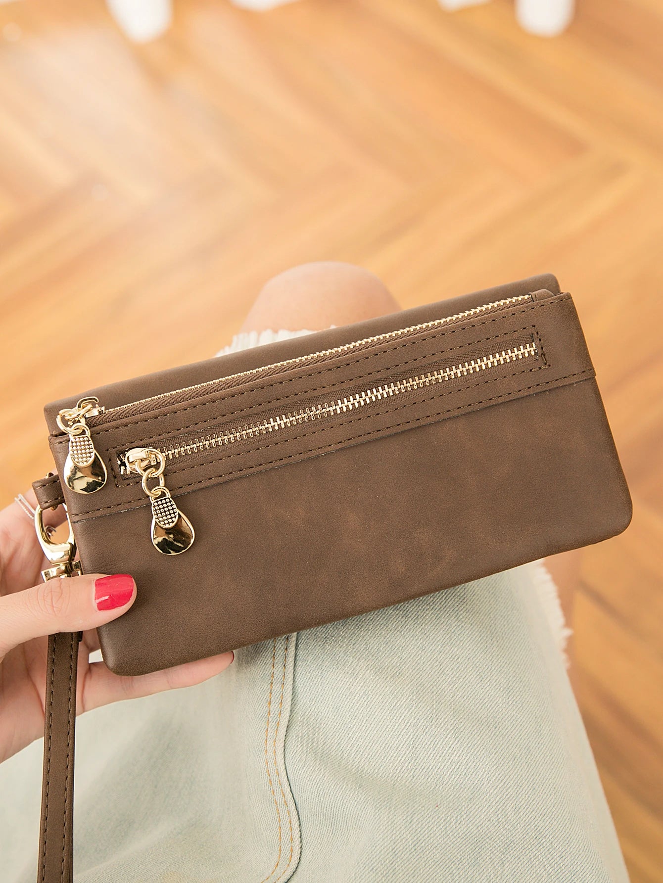 Portefeuille long femme en cuir PU double zip avec grande capacité et dragonne pratique — photo 4 Image