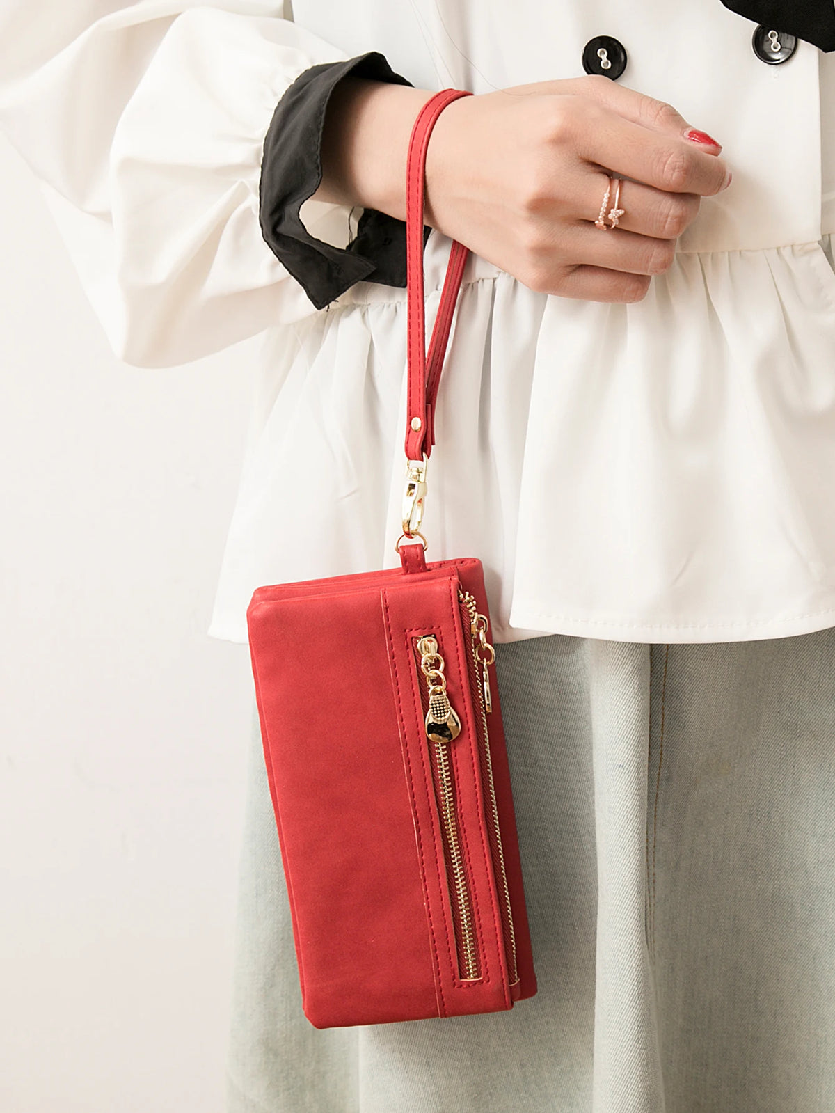 Portefeuille long femme en cuir PU double zip avec grande capacité et dragonne pratique — photo 6