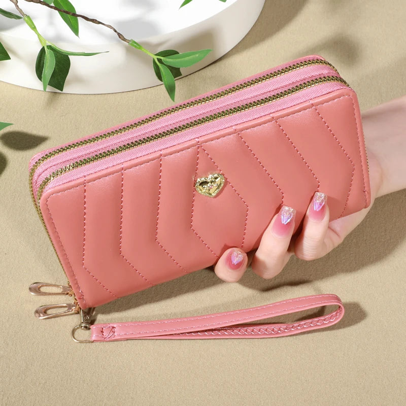 Portefeuille long femme en cuir PU avec double zip, dragonne et grande capacité élégante — photo 1