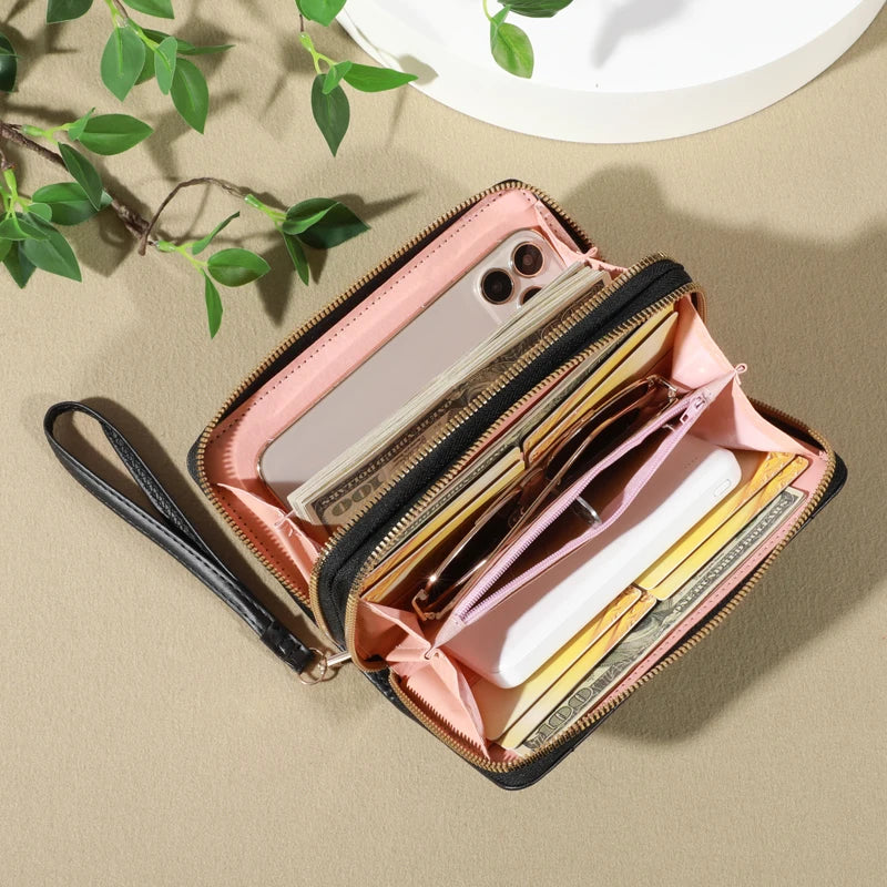 Portefeuille long femme en cuir PU avec double zip, dragonne et grande capacité élégante — photo 2