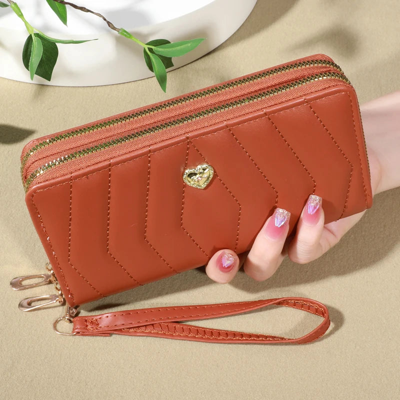 Portefeuille long femme en cuir PU avec double zip, dragonne et grande capacité élégante — photo 3