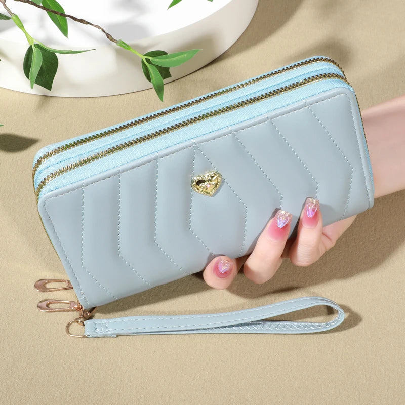 Portefeuille long femme en cuir PU avec double zip, dragonne et grande capacité élégante — photo 5