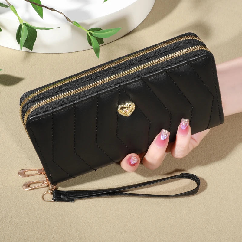 Portefeuille long femme en cuir PU avec double zip, dragonne et grande capacité élégante — photo 7 Image