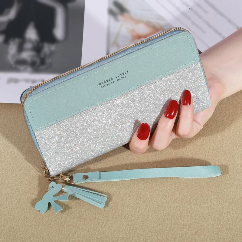 Portefeuille long femme en cuir PU pailleté avec zip, dragonne et grande capacité élégante — photo 1