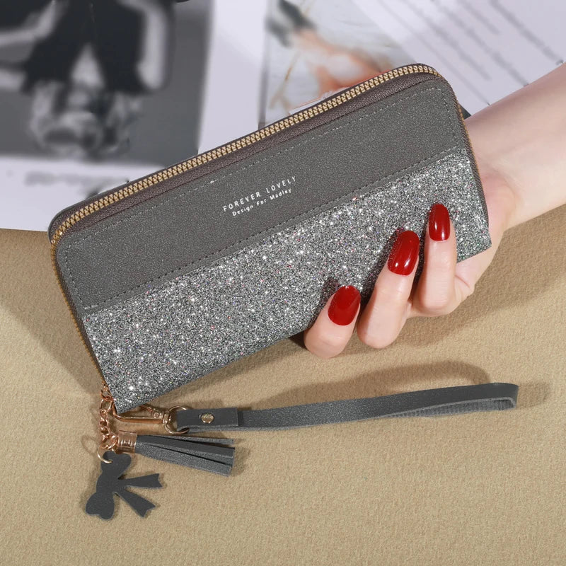 Portefeuille long femme en cuir PU pailleté avec zip, dragonne et grande capacité élégante — photo 3 Image