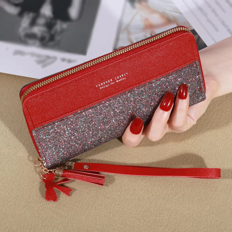 Portefeuille long femme en cuir PU pailleté avec zip, dragonne et grande capacité élégante — photo 4