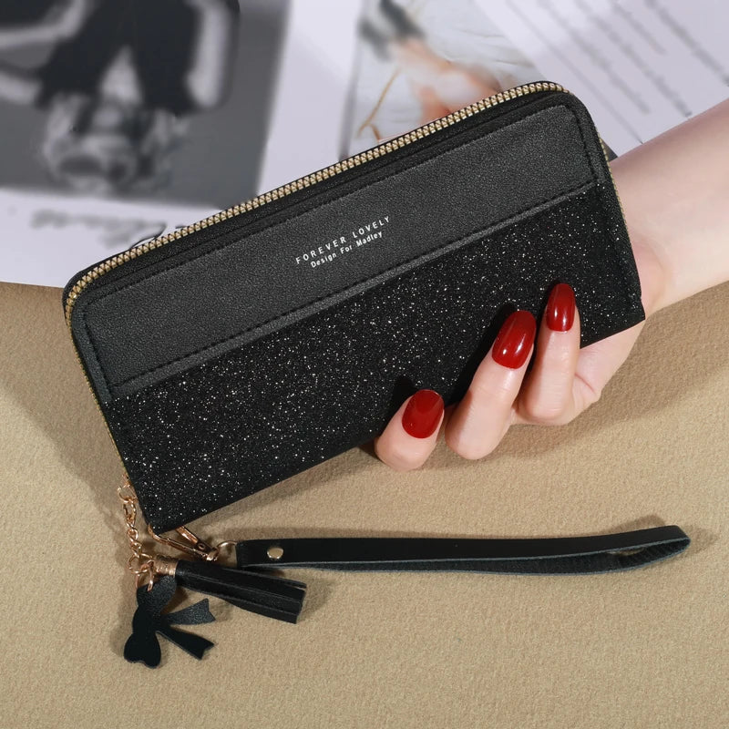 Portefeuille long femme en cuir PU pailleté avec zip, dragonne et grande capacité élégante — photo 5
