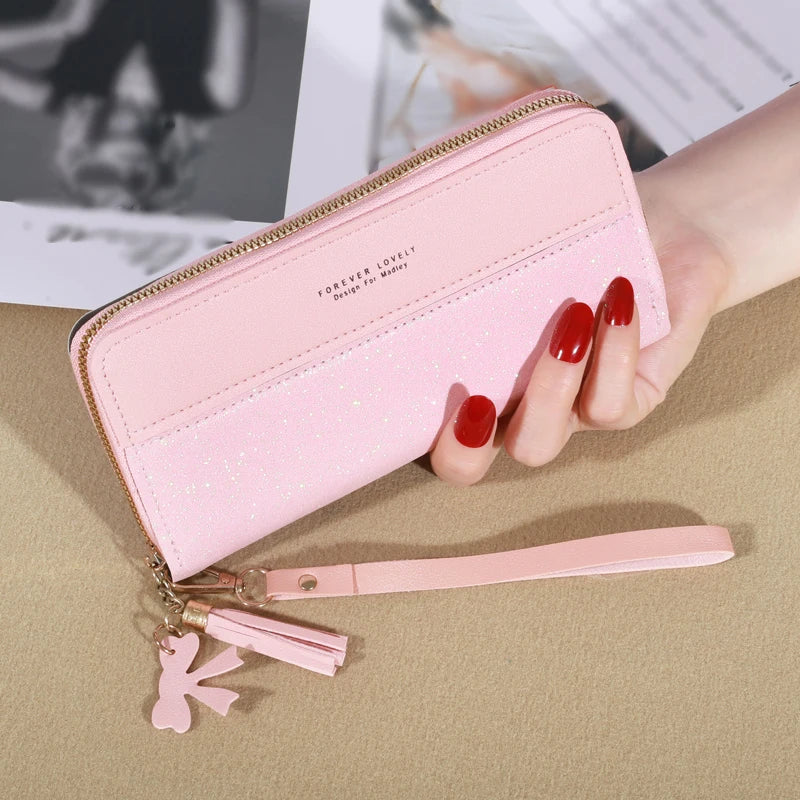 Portefeuille long femme en cuir PU pailleté avec zip, dragonne et grande capacité élégante — photo 6