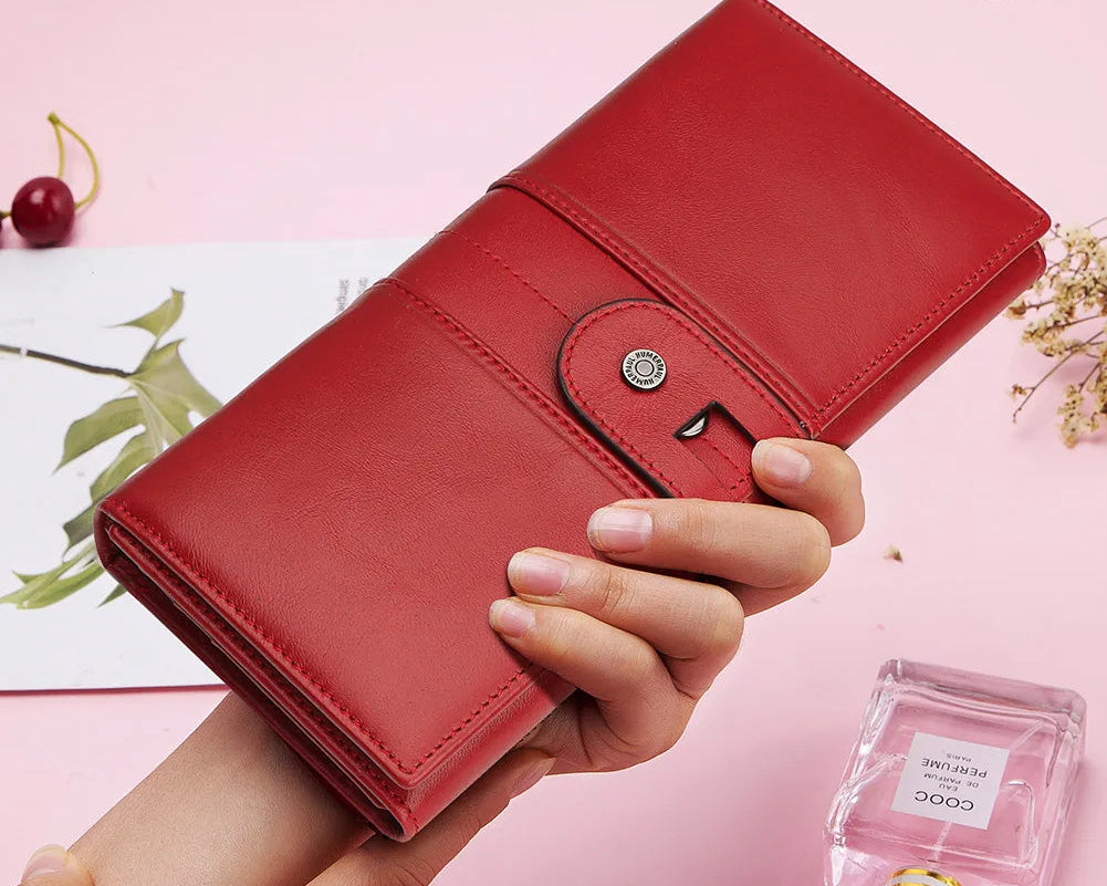 Portefeuille long femme en cuir véritable RFID avec zip et compartiments multiples — photo 1