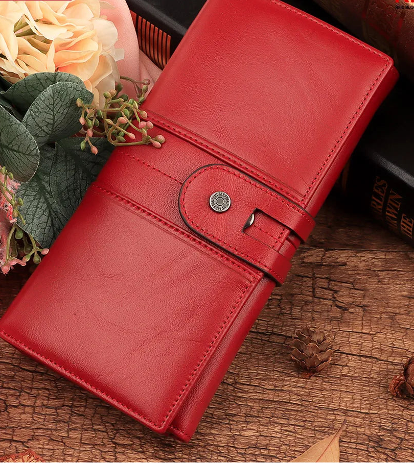 Portefeuille long femme en cuir véritable RFID avec zip et compartiments multiples — photo 4