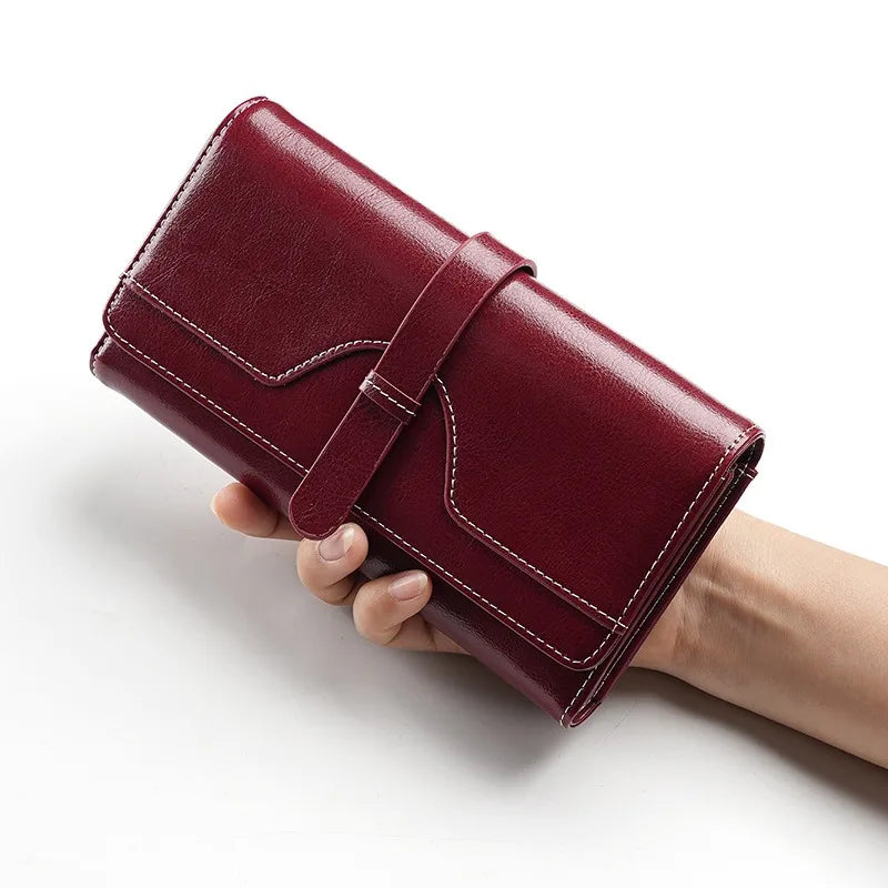 Portefeuille long femme en cuir véritable huilé RFID avec rabat et zip grande capacité — photo 1