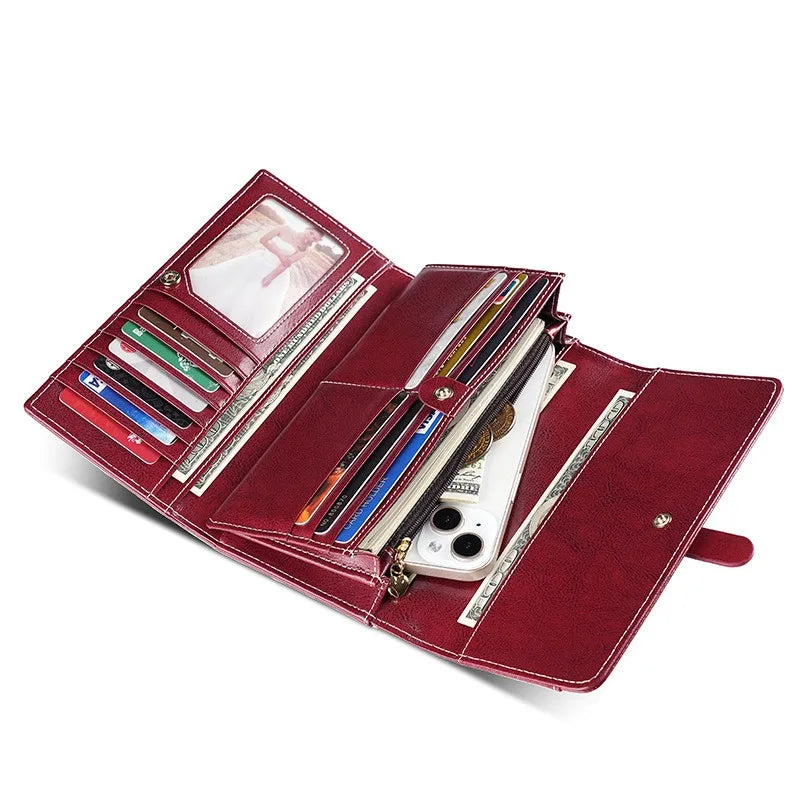 Portefeuille long femme en cuir véritable huilé RFID avec rabat et zip grande capacité — photo 2