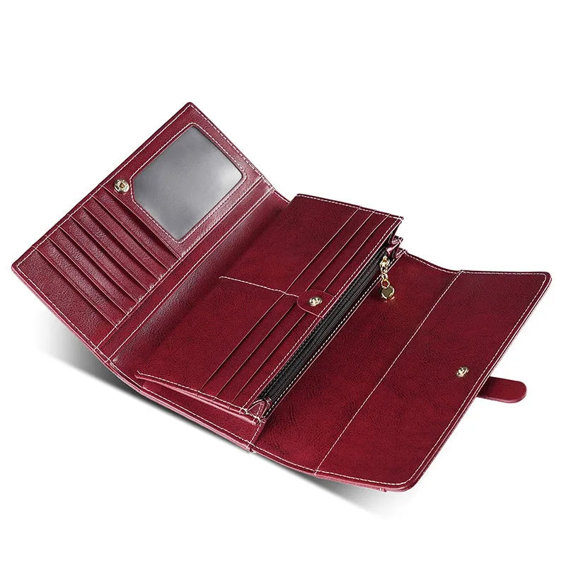 Portefeuille long femme en cuir véritable huilé RFID avec rabat et zip grande capacité — photo 4 Image