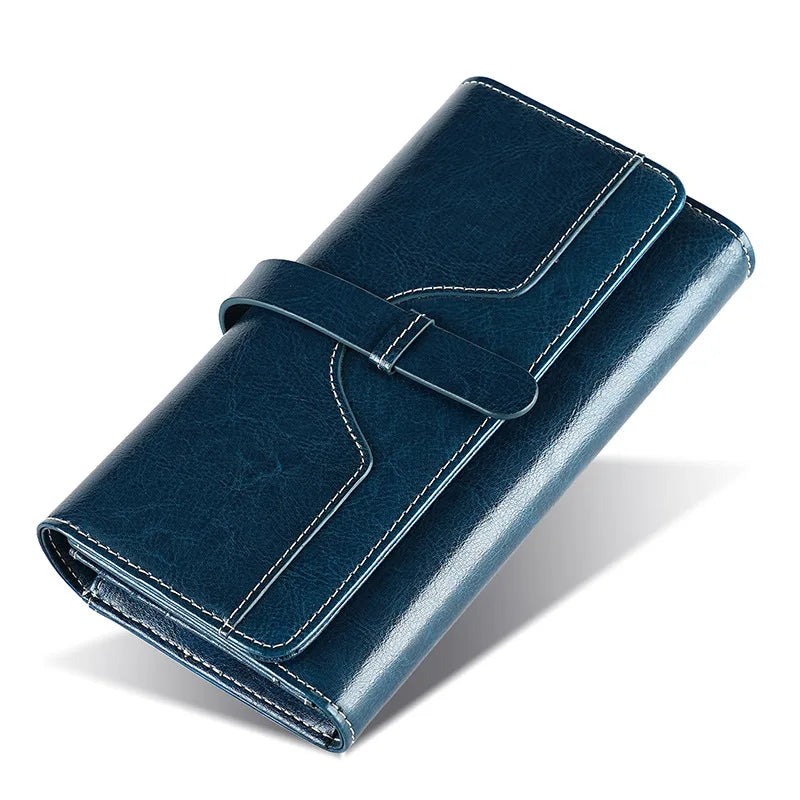 Portefeuille long femme en cuir véritable huilé RFID avec rabat et zip grande capacité — photo 7