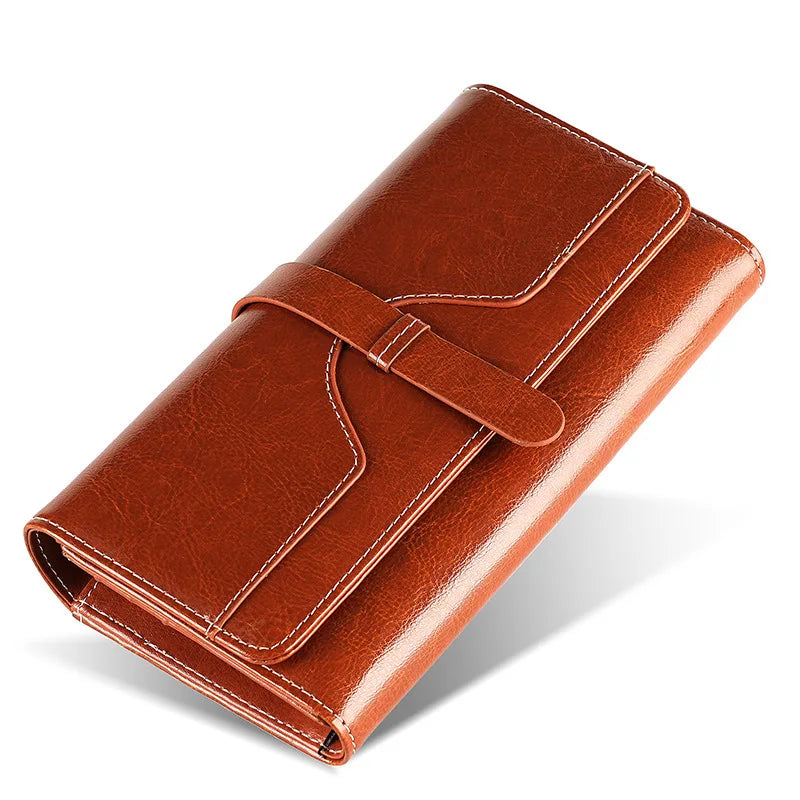 Portefeuille long femme en cuir véritable huilé RFID avec rabat et zip grande capacité — photo 8
