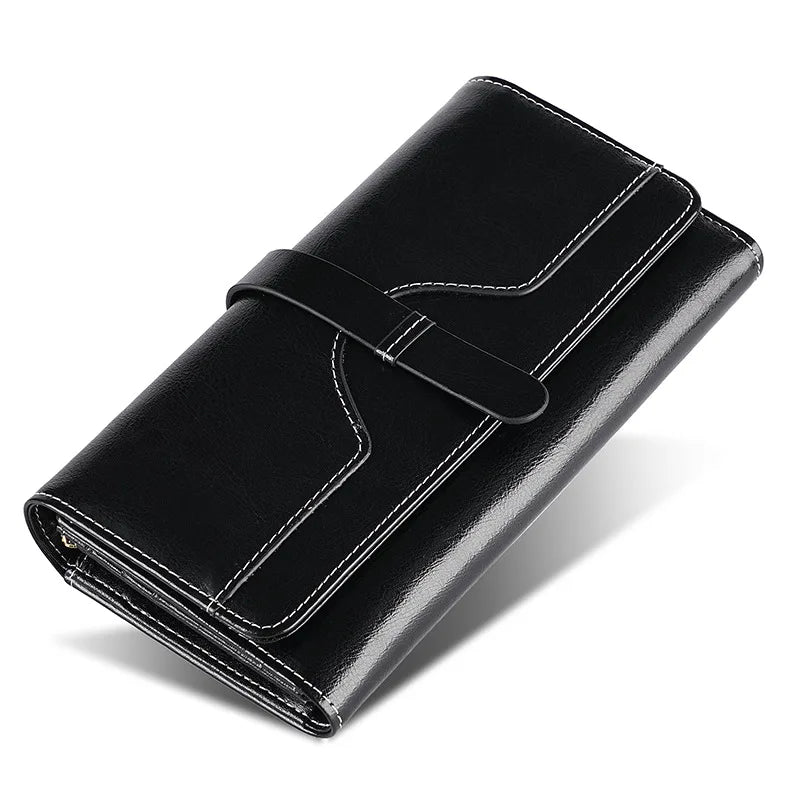 Portefeuille long femme en cuir véritable huilé RFID avec rabat et zip grande capacité — photo 9
