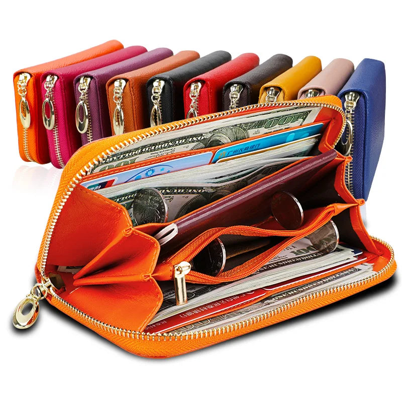 Portefeuille long femme en cuir véritable avec zip grande capacité porte-cartes et téléphone — photo 2