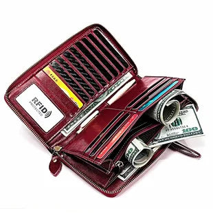 Portefeuille long femme en cuir véritable avec zip grande capacité porte-cartes et téléphone — photo 5