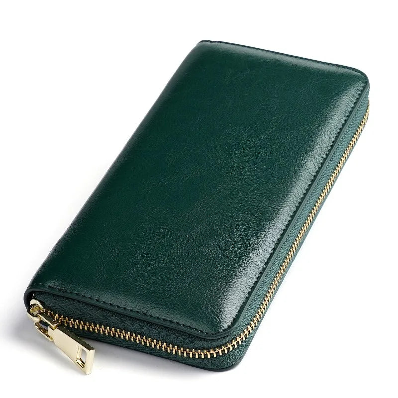 Portefeuille long femme en cuir véritable huilé avec zip et grande capacité élégante — photo 1