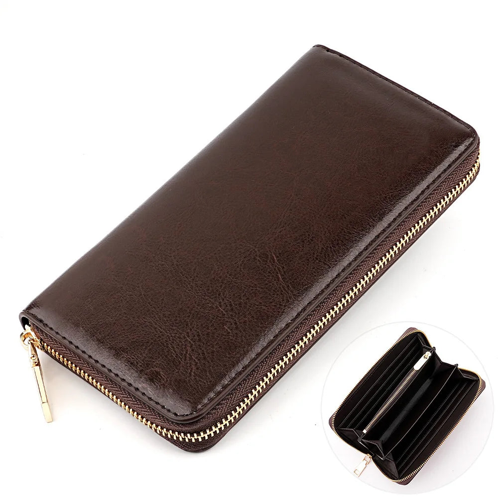 Portefeuille long femme en cuir véritable huilé avec zip et grande capacité élégante — photo 10