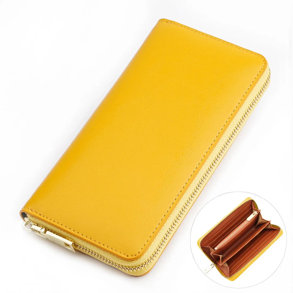 Portefeuille long femme en cuir véritable huilé avec zip et grande capacité élégante — photo 11