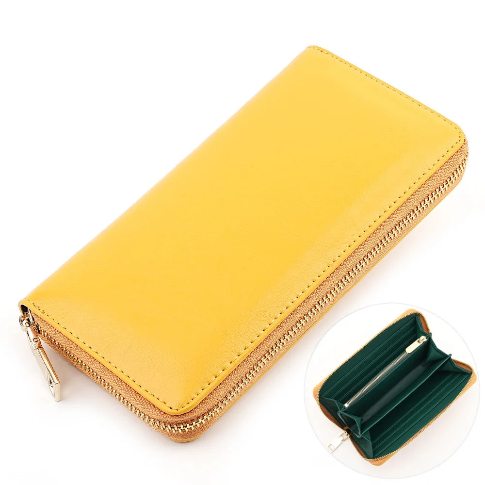 Portefeuille long femme en cuir véritable huilé avec zip et grande capacité élégante — photo 12