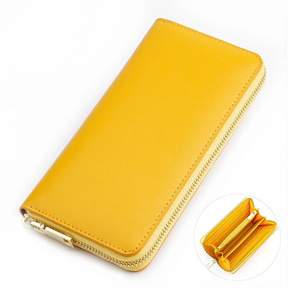 Portefeuille long femme en cuir véritable huilé avec zip et grande capacité élégante — photo 14