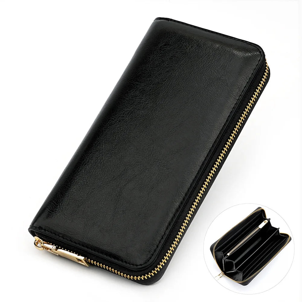 Portefeuille long femme en cuir véritable huilé avec zip et grande capacité élégante — photo 15